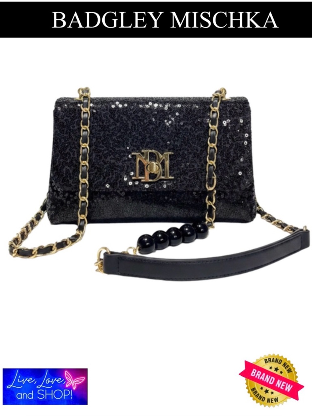 BADGLEY MISCHKA Black Sequence and Partial Beaded Crossbody/Shoulder Strap Bag